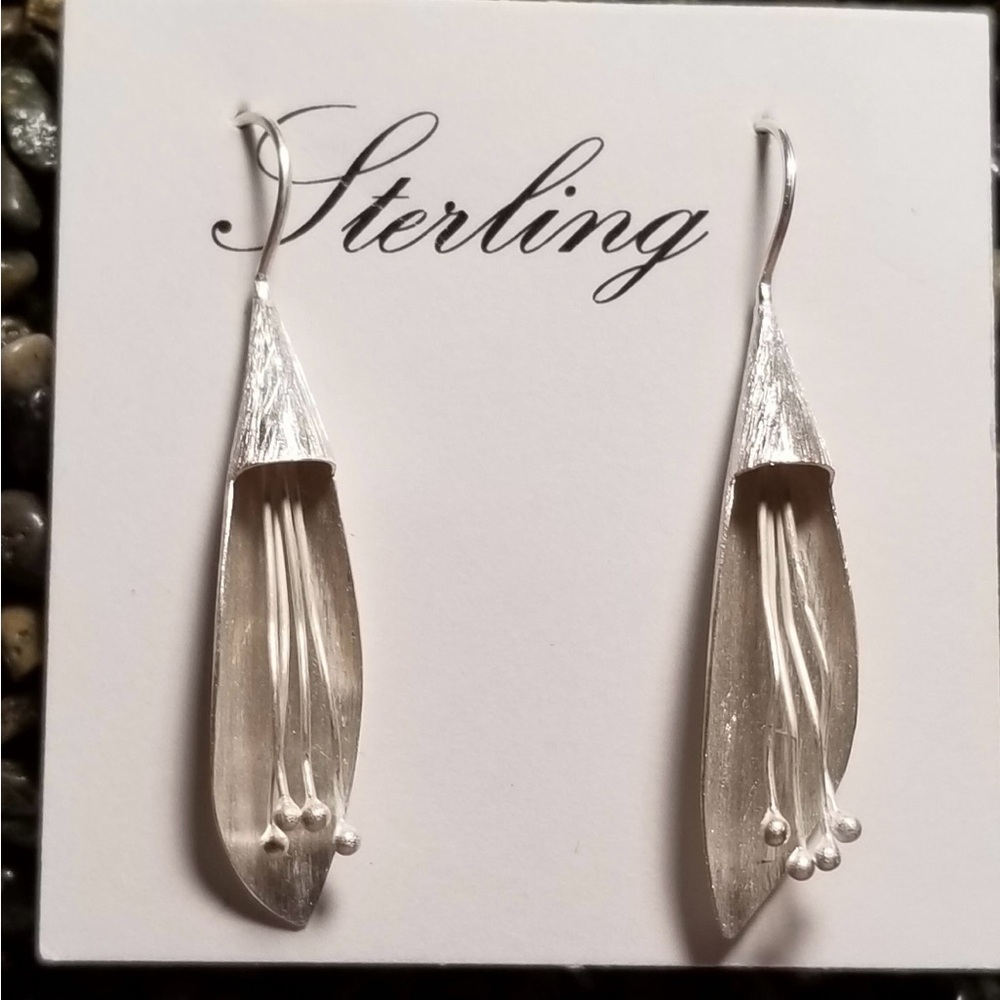 Sterling Silver Lily Flower Drop Earrings w/Long Ear Wire Brushed Silver